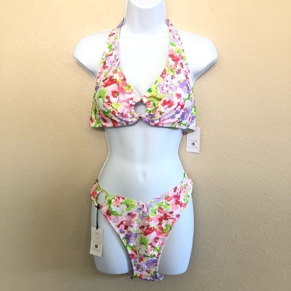 Shade & Shore Multi Floral Halter Bralette Tie Gold Tone Ring Bikini Set Size L - Picture 1 of 14